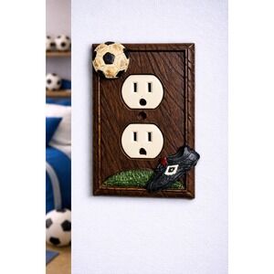 Soccer Sports Duplex Outlet Cover Plate Brown Wood Grain Resin 3D Ball & Cleat